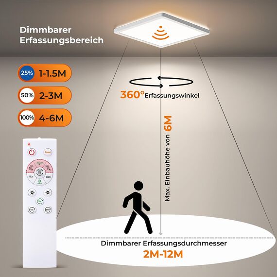 BLNAN LED Deckenleuchte mit Bewegungsmelder Radar, 24W Deckenlampe Flach mit Fernbedienung, Panel Bewegungssensor, Warm Neutral Kalt Weiß für Bad, Flur, Treppe, Toilette, Garage, Keller, Balkon 30cm