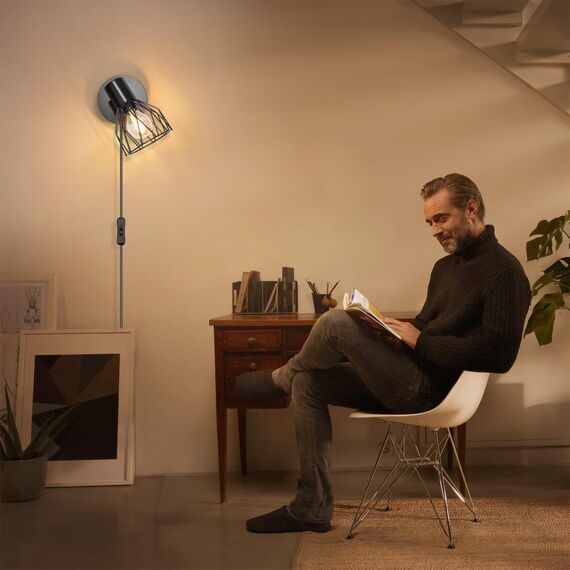 Kimjo Wandlampe mit Schalter und Stecker - Wandleuchte mit Schalter Schwarz Wandlampe mit Stecker Innen Drehbare - E14 Wandstrahler Schlafzimmer Wandlampe Wohnzimmer Wandspot Ohne Leuchtmittel