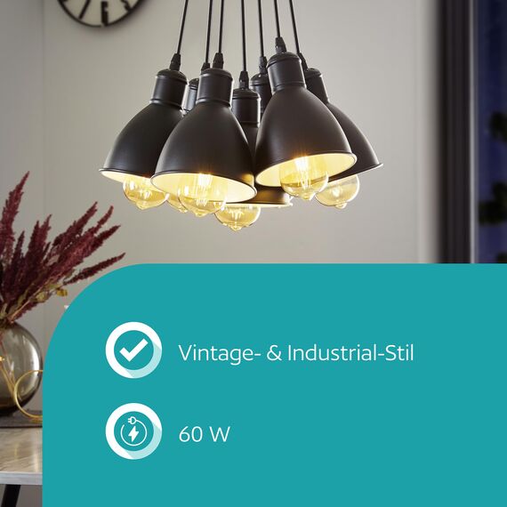 EGLO Pendellampe Priddy, 7 flammige Vintage Pendelleuchte im Industrial Design, Retro Hängelampe aus Stahl, Farbe: Schwarz, weiß, Fassung: E27