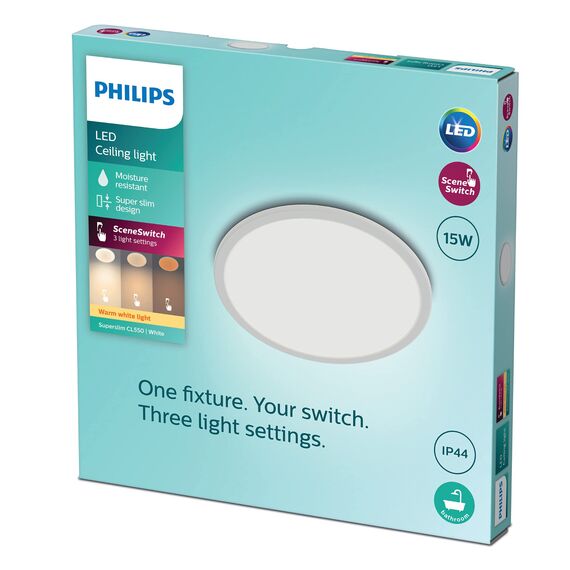 Philips LED Badezimmer Deckenleuchte Superslim (15 W), 3 Lichteinstellungen, warmweißes Licht, dimmen ohne Dimmer, IP44 Schutz, weiß, 25cm