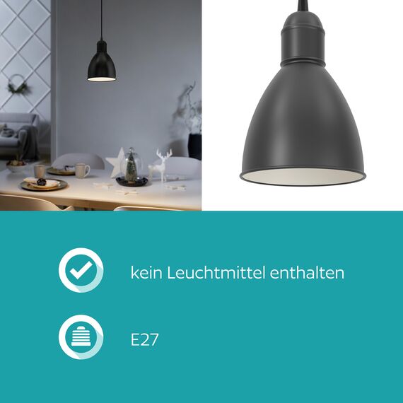 EGLO Pendellampe Priddy, 1 flammige Vintage Pendelleuchte im Industrial Design, Retro Hängelampe aus Stahl, Farbe: Schwarz, weiß, Fassung: E27
