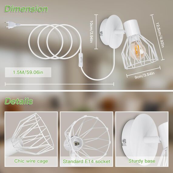 Kimjo Wandlampe mit Schalter und Stecker - E14 Wandlampe mit Stecker Weiß - Schlafzimmer Wandstrahler Innen Wandspot Ohne Leuchtmittel