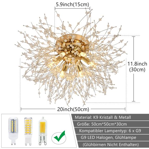 Rayofly Moderne Kristall Deckenleuchte, Feuerwerk Löwenzahn Sputnik Kronleuchter 6-Flammige Dimmbare Golden Pendelleuchte, Hängelampe für Schlafzimmer, Wohnzimmer, Esszimmer, Küche, Flur
