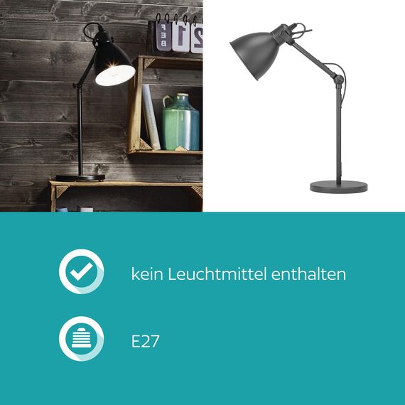 EGLO Tischlampe Priddy, 1 flammige Vintage Tischleuchte im Industrial Design, Retro Lampe, Nachttischlampe aus Stahl, Farbe: Schwarz, weiß, Fassung: E27, inkl. Schalter