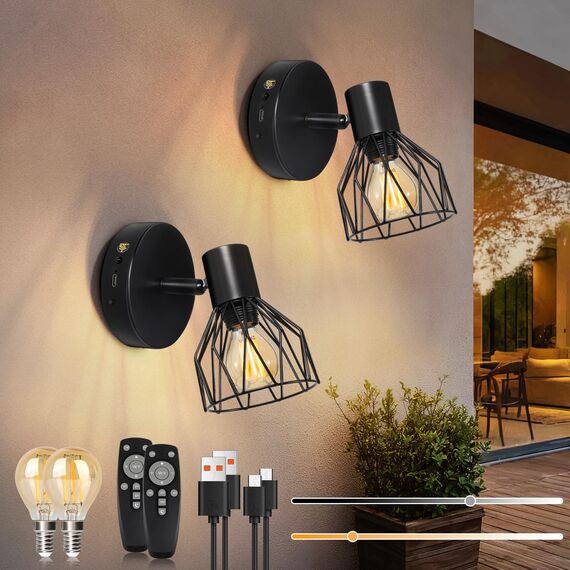 Kimjo E14 Akku Wandleuchte Innen, Schwarz Wiederaufladbare Wandleuchte Ohne Stromanschluss, Dimmbare Batterie Wandlampe mit Glühbirne, Wandstrahler mit Timerfunktion für Schlafzimmer Wohnzimmer Flur