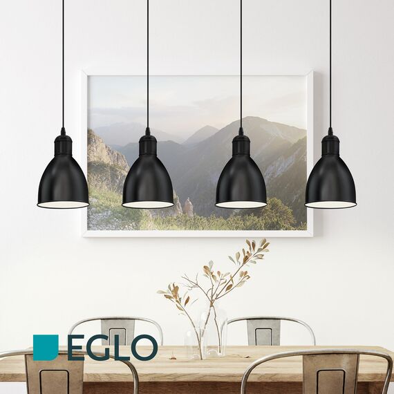 EGLO Pendellampe Priddy, 4 flammige Vintage Pendelleuchte im Industrial Design, Retro Hängelampe aus Stahl, Farbe: Schwarz, weiß, Fassung: E27