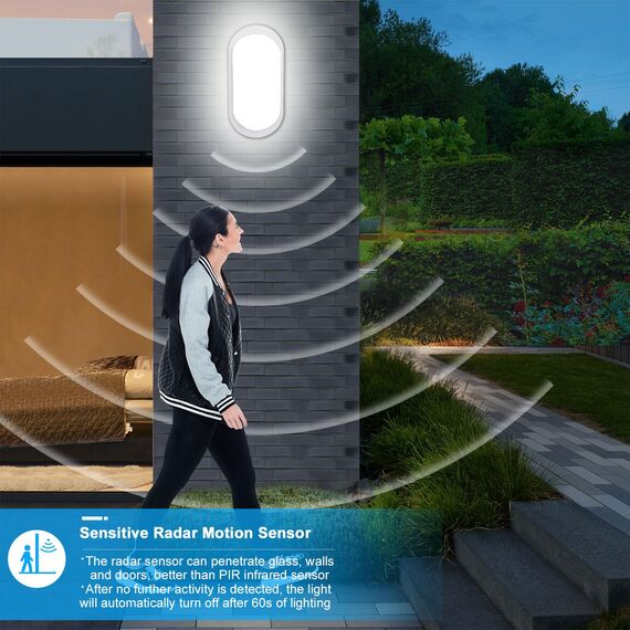 Oraymin LED Wandleuchte Kellerlampe mit Bewegungsmelder Innen, 12W IP65 LED Wandlampe 1080LM, Feuchtraumleuchte Oval für Diele Garage Flur Balkon Treppe Carport Keller, 4000K, Weiß