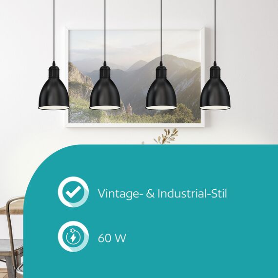 EGLO Pendellampe Priddy, 4 flammige Vintage Pendelleuchte im Industrial Design, Retro Hängelampe aus Stahl, Farbe: Schwarz, weiß, Fassung: E27