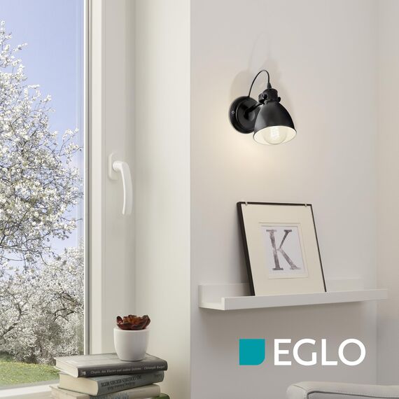 EGLO Wandlampe Priddy, 1 flammige Vintage Wandleuchte im Industrial Design, Retro Wandspot aus Stahl, Farbe: Schwarz, weiß, Fassung: E27