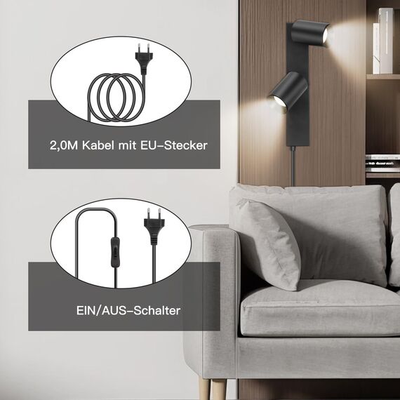 TaFiCo Wandleuchte mit Schalter Innen GU10 - Wandstrahler 2 Spots mit Schalter und Stecker Schwarz Wandlampe Vintage Wandspot Drehbare 350° für Wohnzimmer Schlafzimmer Küche Ohne Leuchtmittel