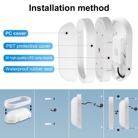 IEGLED 18W Kellerlampe LED Feuchtraumleuchte，IP65 Wandleuchte LED Wasserdicht，Neturalweiß 4000K Deckenleuchte，Weiß Wandlampe Deckenlampe Ovalleuchte für Flur Keller Garten Badzimmer Außenwand