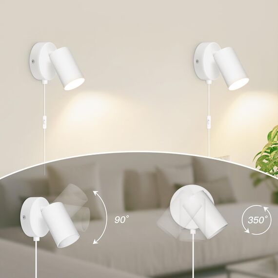 TaFiCo 2 Stücke Wandleuchte mit Stecker und Kabel Weiß GU10 - Wandlampe mit Schalter und Stecker Drehbar 350° Moderne für Schlafzimmer Wohnzimmer Korridor - Ohne Leuchtmittel