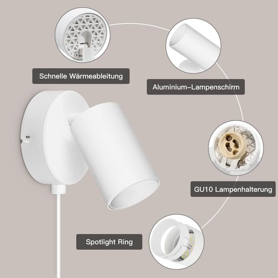 TaFiCo Wandleuchte mit Schalter Innen GU10 - Wandlampe mit Schalter und Stecker Weiß Wandstrahler Vintage Wandspot Drehbare 350° für Wohnzimmer Schlafzimmer Korridor Ohne Leuchtmittel
