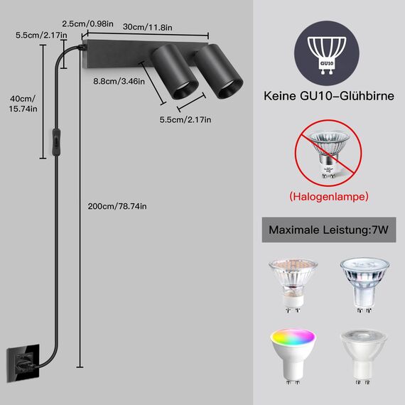 TaFiCo Wandleuchte mit Schalter Innen GU10 - Wandstrahler 2 Spots mit Schalter und Stecker Schwarz Wandlampe Vintage Wandspot Drehbare 350° für Wohnzimmer Schlafzimmer Küche Ohne Leuchtmittel