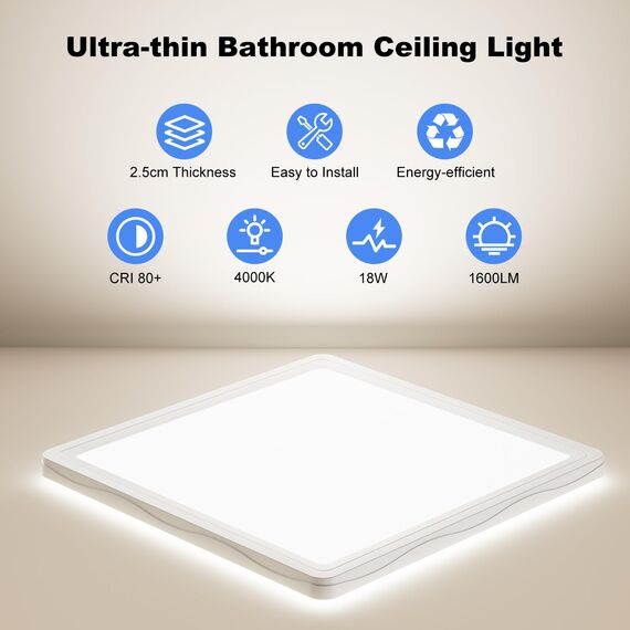 LED Deckenleuchte, Deckenlampe Quadrat, LED Lampe Seitlich Abstrahlend, Badlampe Decke IP44 Wasserfest, 18W Ultra dünn Küchenlampe Decke, 1600LM 22cm Deckenleuchten für Flur/Balkon/Wohnzimmer-4000K