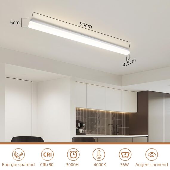 CBJKTX LED Deckenleuchte Küche Deckenlampe - Lang Küchenlampe 90CM Tageslichtlampe 4000K Neutralweiß Lampe Flach Kellerlampe Weiß 36W Bürolampe Decke Innen Deckenbeleuchtung für Flur Wohnzimmer Keller