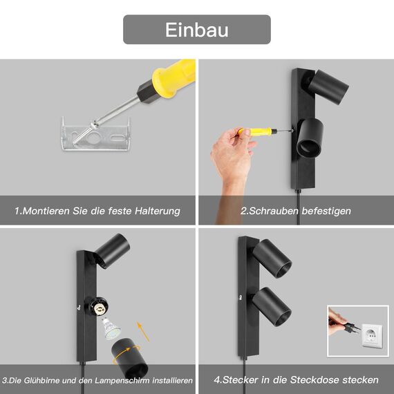 TaFiCo Wandleuchte mit Schalter Innen GU10 - Wandstrahler 2 Spots mit Schalter und Stecker Schwarz Wandlampe Vintage Wandspot Drehbare 350° für Wohnzimmer Schlafzimmer Küche Ohne Leuchtmittel