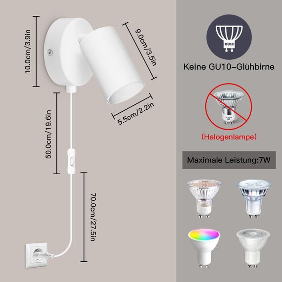 TaFiCo Wandleuchte mit Schalter Innen GU10 - Wandlampe mit Schalter und Stecker Weiß Wandstrahler Vintage Wandspot Drehbare 350° für Wohnzimmer Schlafzimmer Korridor Ohne Leuchtmittel