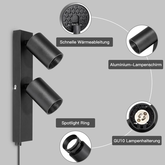 TaFiCo Wandleuchte mit Schalter Innen GU10 - Wandstrahler 2 Spots mit Schalter und Stecker Schwarz Wandlampe Vintage Wandspot Drehbare 350° für Wohnzimmer Schlafzimmer Küche Ohne Leuchtmittel
