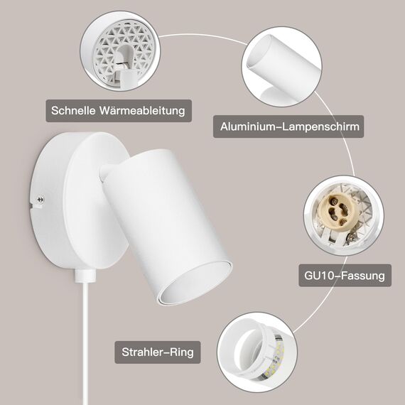 TaFiCo 2 Stücke Wandleuchte mit Stecker und Kabel Weiß GU10 - Wandlampe mit Schalter und Stecker Drehbar 350° Moderne für Schlafzimmer Wohnzimmer Korridor - Ohne Leuchtmittel