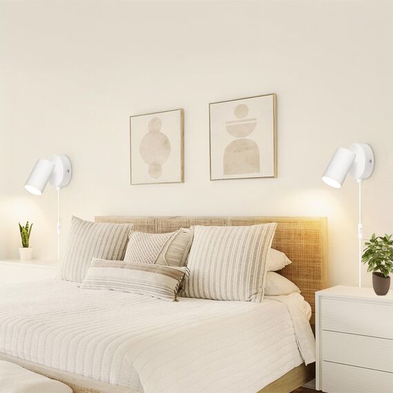 TaFiCo 2 Stücke Wandleuchte mit Stecker und Kabel Weiß GU10 - Wandlampe mit Schalter und Stecker Drehbar 350° Moderne für Schlafzimmer Wohnzimmer Korridor - Ohne Leuchtmittel
