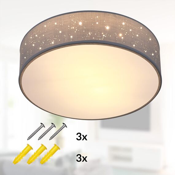MONZANA® Deckenlampe Sternenhimmel Wohnzimmer Schlafzimmer E27 Grau Rund 38cm Stoffschirm 2-Flammig 40W Küche Lampe Deckenleuchte Stoffdeckenlampe