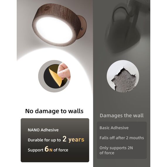 EZVALO Wandleuchte Innen mit 5500mAh Akku, Wandleuchte Kabellos mit Fernbedienung, 3 Farbmodi Dimmbar LED Wandlampe Akku Für Wohnzimmer, Schlafzimmer, Kinder (Nussbaumholz, 1 Stück)