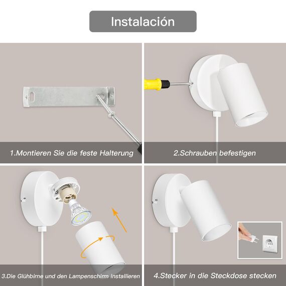 TaFiCo Wandleuchte mit Schalter Innen GU10 - Wandlampe mit Schalter und Stecker Weiß Wandstrahler Vintage Wandspot Drehbare 350° für Wohnzimmer Schlafzimmer Korridor Ohne Leuchtmittel