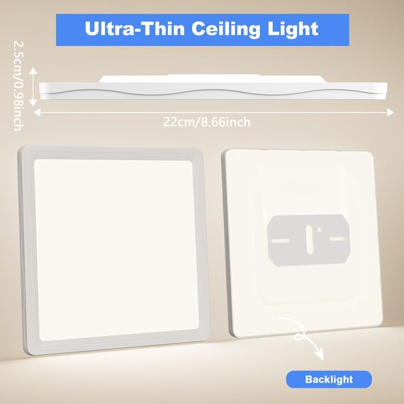 LED Deckenleuchte, Deckenlampe Quadrat, LED Lampe Seitlich Abstrahlend, Badlampe Decke IP44 Wasserfest, 18W Ultra dünn Küchenlampe Decke, 1600LM 22cm Deckenleuchten für Flur/Balkon/Wohnzimmer-4000K