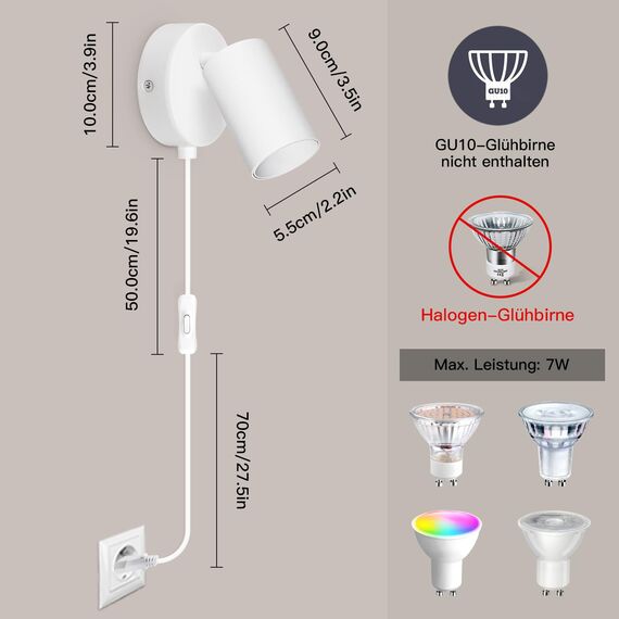 TaFiCo 2 Stücke Wandleuchte mit Stecker und Kabel Weiß GU10 - Wandlampe mit Schalter und Stecker Drehbar 350° Moderne für Schlafzimmer Wohnzimmer Korridor - Ohne Leuchtmittel
