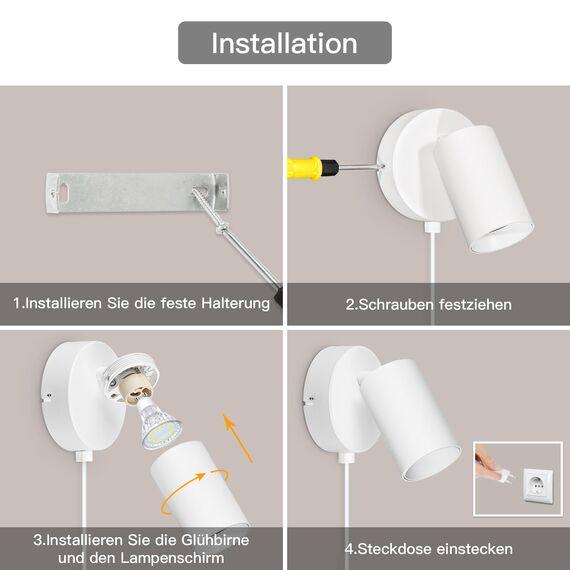 TaFiCo 2 Stücke Wandleuchte mit Stecker und Kabel Weiß GU10 - Wandlampe mit Schalter und Stecker Drehbar 350° Moderne für Schlafzimmer Wohnzimmer Korridor - Ohne Leuchtmittel
