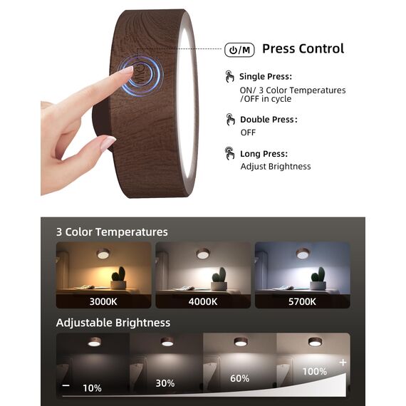 EZVALO Wandleuchte Innen mit 5500mAh Akku, Wandleuchte Kabellos mit Fernbedienung, 3 Farbmodi Dimmbar LED Wandlampe Akku Für Wohnzimmer, Schlafzimmer, Kinder (Nussbaumholz, 1 Stück)