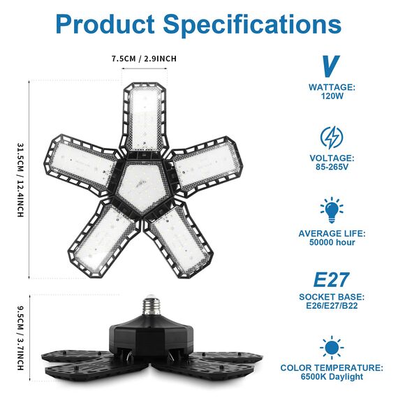 CREATESTAR 2 Stück 120W Werkstattlampe LED Deckenleuchte, 12000 Lumens LED Garagenleuchte mit 5 Justierbaren Austauschbare Verkleidungen E26/E27 Werkstattbeleuchtung für Billard-Salon,Lager,Garage