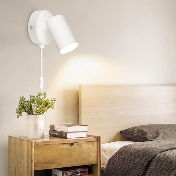 TaFiCo Wandleuchte mit Schalter Innen GU10 - Wandlampe mit Schalter und Stecker Weiß Wandstrahler Vintage Wandspot Drehbare 350° für Wohnzimmer Schlafzimmer Korridor Ohne Leuchtmittel