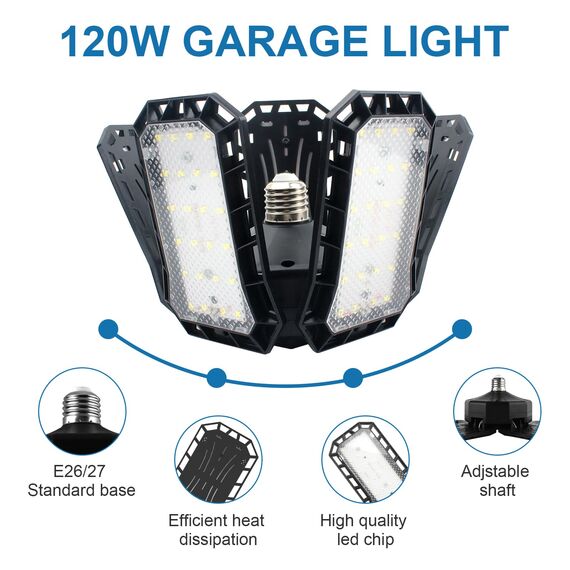 CREATESTAR 120W Werkstattlampe LED Deckenleuchte, 12000 Lumens LED Garagenleuchte mit 5 Justierbaren Austauschbare Verkleidungen E26/E27 Werkstattbeleuchtung für Billard-Salon,Lager,Garage,Turnhalle