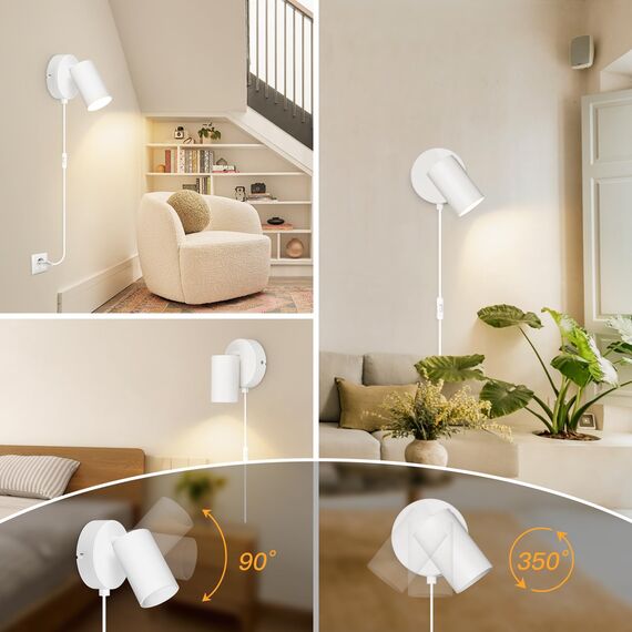 TaFiCo Wandleuchte mit Schalter Innen GU10 - Wandlampe mit Schalter und Stecker Weiß Wandstrahler Vintage Wandspot Drehbare 350° für Wohnzimmer Schlafzimmer Korridor Ohne Leuchtmittel