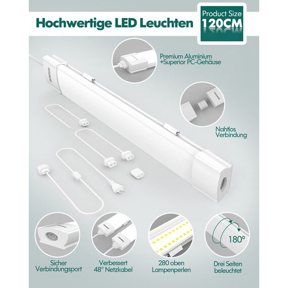 Feuchtraumleuchte LED mit Stecker 36W 4000LM 120CM Verknüpfbar Werkstattlampe IP66 Wasserfest Led Röhre Leuchte für Garage Keller Werkstatt Feuchtraum Bad Büro Warenhaus Hobbyraum,Neutralweiß 4000K.
