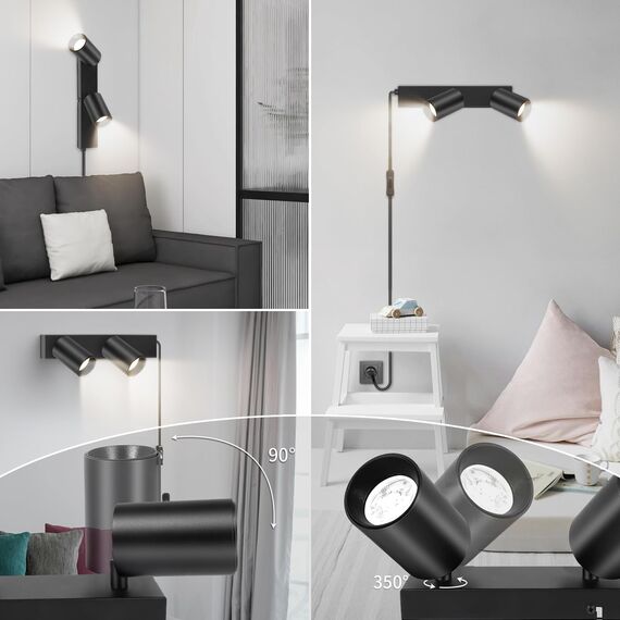TaFiCo Wandleuchte mit Schalter Innen GU10 - Wandstrahler 2 Spots mit Schalter und Stecker Schwarz Wandlampe Vintage Wandspot Drehbare 350° für Wohnzimmer Schlafzimmer Küche Ohne Leuchtmittel