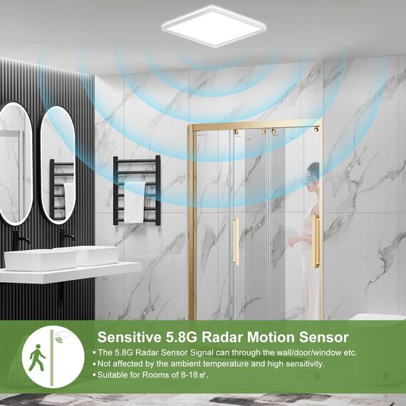 LEZOE LED Deckenleuchte mit Bewegungsmelder, 18W 1800LM Radar Deckenlampe Dimmbar, Warmweiß/Neutralweiß/Kaltweiß IP54 Sensorlampe Für Badezimmer, Garage, Treppen, Keller, Flur, Balkon, Diele 22x2.5cm