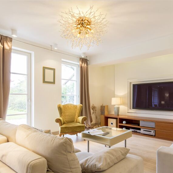 Rayofly Moderne Kristall Deckenleuchte, Feuerwerk Löwenzahn Sputnik Kronleuchter 6-Flammige Dimmbare Golden Pendelleuchte, Hängelampe für Schlafzimmer, Wohnzimmer, Esszimmer, Küche, Flur