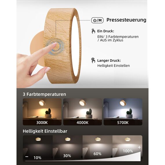 EZVALO Wandleuchte Innen mit 5500mAh Akku, Wandleuchte Kabellos mit Fernbedienung, 3 Farbmodi Dimmbar LED Wandlampe Akku Für Wohnzimmer, Schlafzimmer, Kinder (Holzmaserung, 1 Stück)