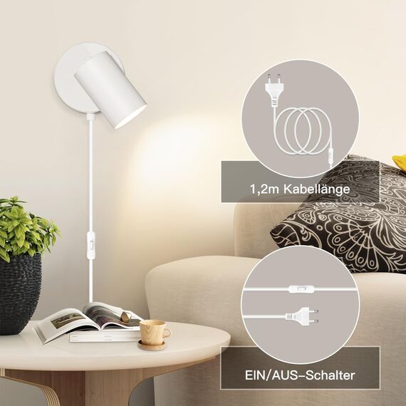 TaFiCo 2 Stücke Wandleuchte mit Stecker und Kabel Weiß GU10 - Wandlampe mit Schalter und Stecker Drehbar 350° Moderne für Schlafzimmer Wohnzimmer Korridor - Ohne Leuchtmittel