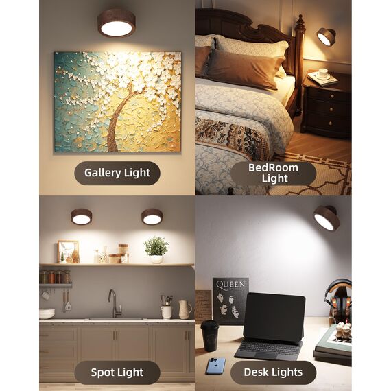 EZVALO Wandleuchte Innen mit 5500mAh Akku, Wandleuchte Kabellos mit Fernbedienung, 3 Farbmodi Dimmbar LED Wandlampe Akku Für Wohnzimmer, Schlafzimmer, Kinder (Nussbaumholz, 1 Stück)