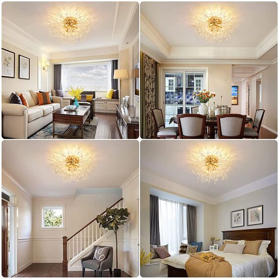 Rayofly Moderne Kristall Deckenleuchte, Feuerwerk Löwenzahn Sputnik Kronleuchter 6-Flammige Dimmbare Golden Pendelleuchte, Hängelampe für Schlafzimmer, Wohnzimmer, Esszimmer, Küche, Flur