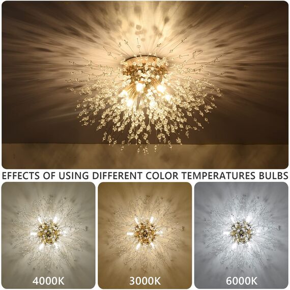 Rayofly Moderne Kristall Deckenleuchte, Feuerwerk Löwenzahn Sputnik Kronleuchter 6-Flammige Dimmbare Golden Pendelleuchte, Hängelampe für Schlafzimmer, Wohnzimmer, Esszimmer, Küche, Flur
