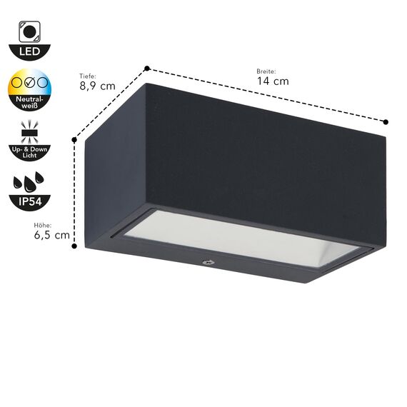 LED Außenwandleuchte GEMINI, moderne Wandlampe aus Aluminium in Anthrazit, Außenlampe,rechteckige Wandleuchte mit Up&Down-Effekt,wetterfeste Außenleuchte,4000 Kelvin (neutralweiß),700 Lumen,10,5Watt…