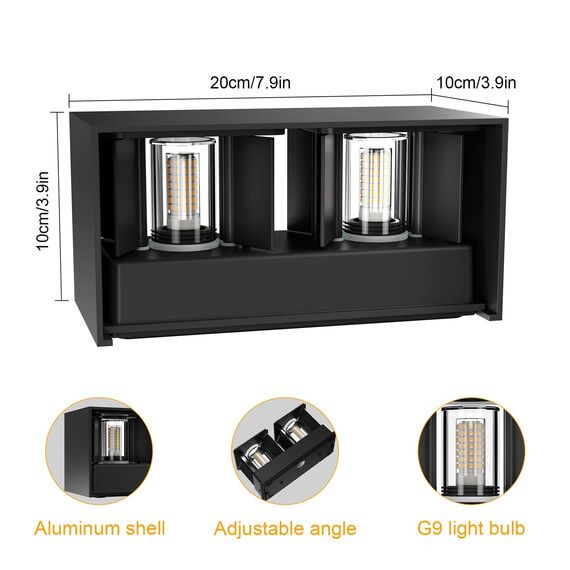 Klighten 18W Wandleuchte mit Austauschbarer G9 LED Lampe Warmweiß 3000K, LED Wandleuchte Innen/Aussen Einstellbar Abstrahlwinkel Außenleuchte für Wohnzimmer Garten, IP54, Schwarz