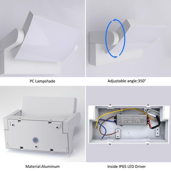 Klighten 24W Außenwandleuchte Aussenleuchte, Wasserdicht IP65 Wandleuchte Innen Außen Wandlampe mit Schwenkbar LED Panel Außenlampe für Eingang Flur Balkone, 1500 LM, Warmweiß 2700K-3000K, Weiß