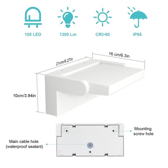 Klighten 24W Außenlampe Aussenleuchte Wand, Wasserdicht IP65 Wandleuchte Außen Innen Wandlampe mit Schwenkbar LED Panel Aussenlampe für Garten Terrasse, Weiß, 1500 Lumen, Natürliches Weiß 4000K