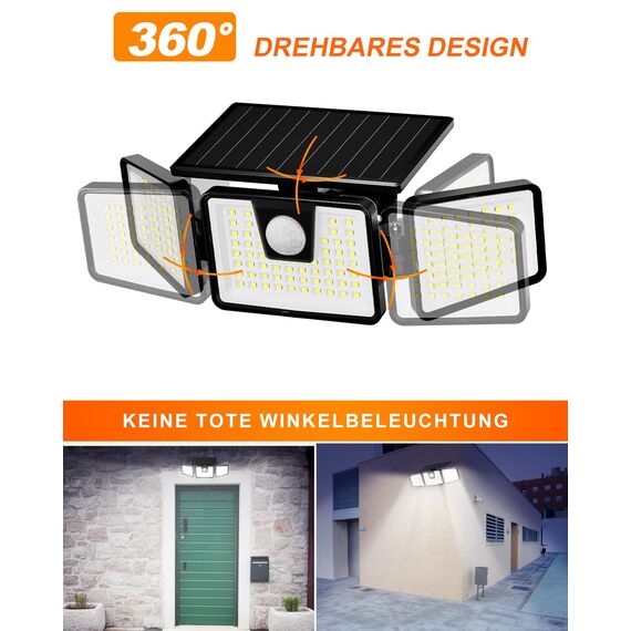 FLOWood 156LED Solarlampen für Außen, 360° Drehbare Solarleuchten für Außen mit Bewegungsmelder, IP65 Wasserdichte 270° Beleuchtungswinkel, Solar Wandleuchte Aussen für Garten Veranda Garage, 1 Stück